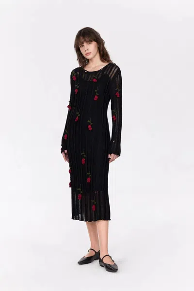 Fabrique Convallaria Handcrafted Crochet Long Sleeve Dress In Cotton Viscose Knit In Black