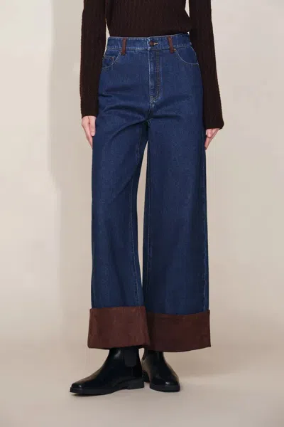 Fabrique Coora Suede Cuffs Straight Leg Jeans In Cotton Denim In Blue