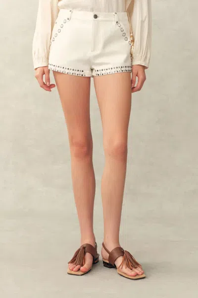 Fabrique Cori Boho Mother Of Pearl Studded A Line Shorts In Cotton Denim In Neutral