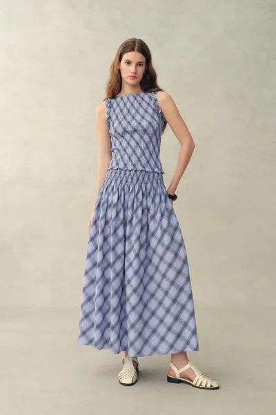 Fabrique Crystal Handworked Sleeveless Plaid Top And Skirt Set In Stretch Bubble Cotton In Blue