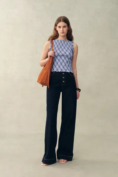 Fabrique Crystal Handworked Sleeveless Plaid Top In Stretch Bubble Cotton In Multi