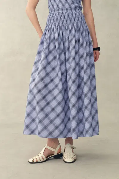 Fabrique Crystal Smocked A Line Plaid Skirt In Stretch Bubble Cotton In Blue