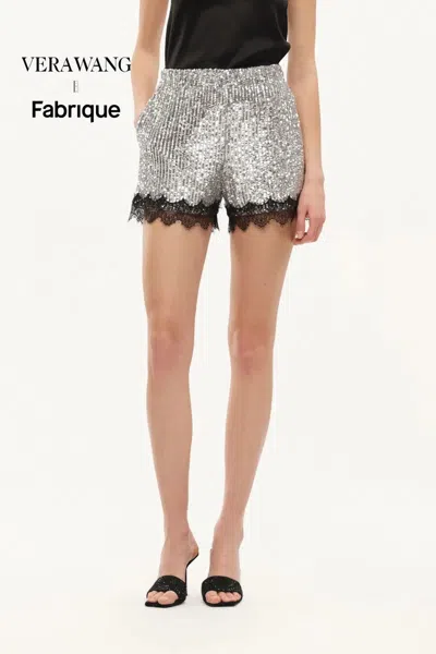 Fabrique Crystalline Silver Sequin Lace Trim Shorts In Sequin Mesh