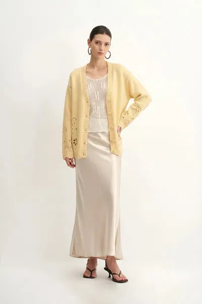 Fabrique Daisy Openwork Embroidered Cardigan In Cotton Merino Wool Blend Knit In Yellow