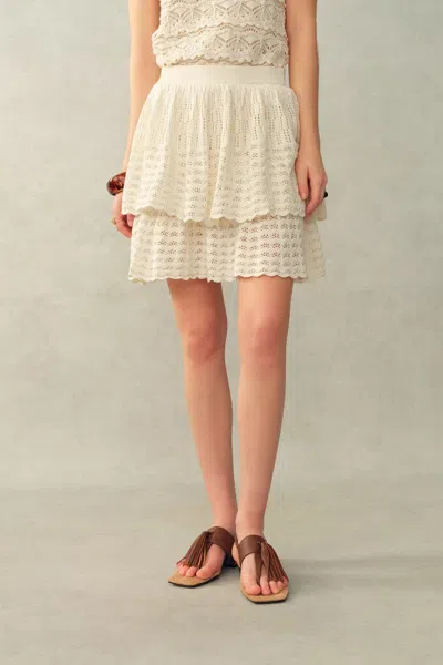 Fabrique Daisy Tiered Midi Skirt In Cotton Knit In White