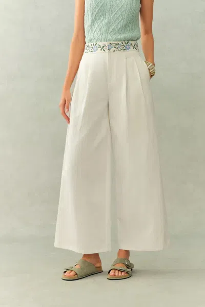 Fabrique Danielle Waistband Embroidered Wide Leg Ankle Pants In Cotton Blend Texture In White