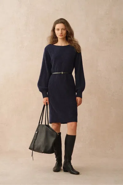 Fabrique Danni Navy Boat Neck Knit Dress In Merino Wool Knit In Blue