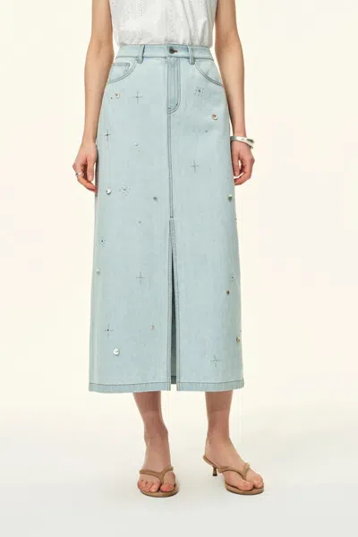Fabrique Delia Handwork Beading Midi Skirt In Cotton Denim In Blue