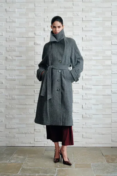 Fabrique Delia Herringbone Trench Style Coat In Lightweight Merino Wool In Black
