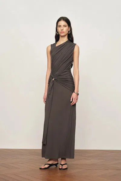 Fabrique Delilah Gray Asymmetric Draped Sleeveless Dress In Wool Blend Knit In Brown