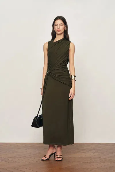 Fabrique Delilah Olive Asymmetric Draped Sleeveless Dress In Wool Blend Knit In Black