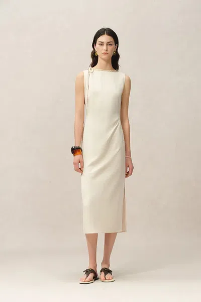 Fabrique Devon Hand Woven Neckline Sleeveless Dress In Linen In White