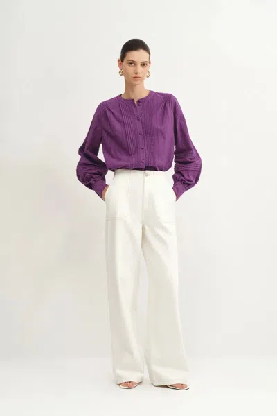Fabrique Doreen Crew Neck Top In Embroidered Cotton In Purple