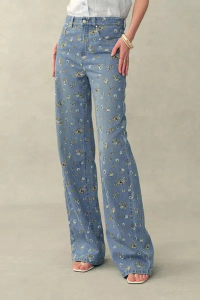 Fabrique Dorel Floral Print Straight Leg Jeans In Linen Blend Denim In Multi