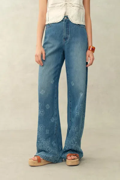 Fabrique Echoes Hand-painted Paisley Jeans In Cotton Denim In Blue