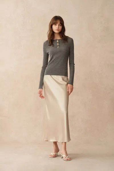 Fabrique Eden Grey Bow Tie Cutwork Wool Long Sleeve Top In Merino Wool Knit In Neutral