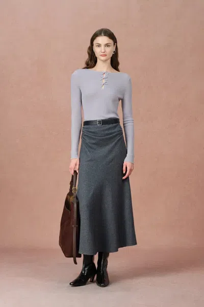 Fabrique Eden Purple Bow Tie Fitted Top In Merino Wool With Stretch Knit In Gray