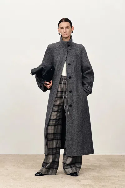 Fabrique Edwina Grey Long Herringbone Coat In Lightweight Merino Wool In Gray