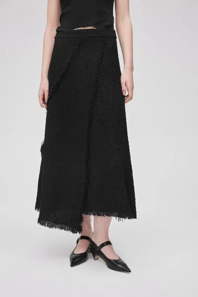 Fabrique Edy Fringed Midi Skirt In Lightweight Tweed In Black