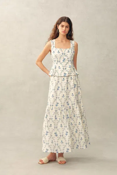 Fabrique Elara Pleated Floral Square Neck Pearl Button Sleeveless Top And Skirt Set In Linen Blend In White