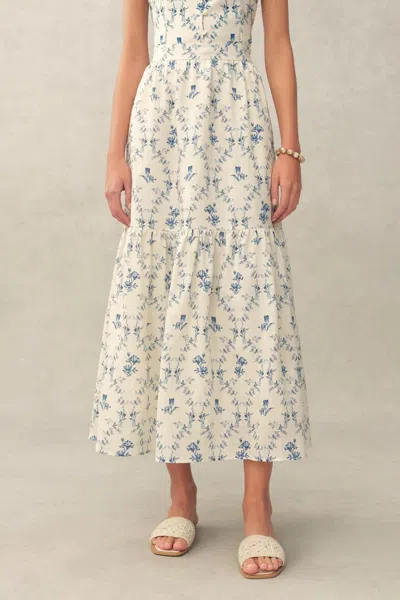 Fabrique Elara Tailored Vintage Floral High Waist Skirt In Linen Blend In Blue