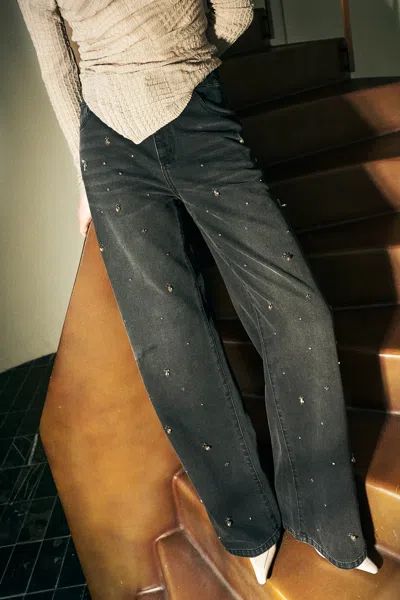 Fabrique Eleanor Embellished Straight Leg Jeans In Cotton Denim In Black