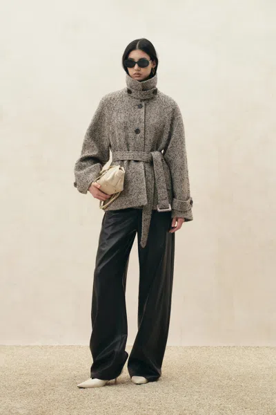 Fabrique Eleanor Flecked Herringbone Cropped Coat In Wool Alpaca Blend In Grey