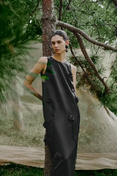 Fabrique Eleanor Handcrafted Flora 3d Studded Sleeveless Dress In Silk-wool Satin In Black