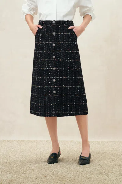 Fabrique Eleanor Metallic Flecked Houndstooth Skirt In Tweed In Black