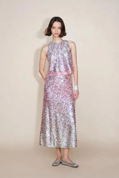 Fabrique Eleanor Ombre Sleeveless Vest Top And Skirt Matching Set In Full Sequin Embroidery In Pink