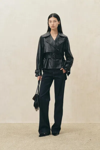 Fabrique Eliana Belted Cropped Trench Jacket In Waxed Lambskin In Black