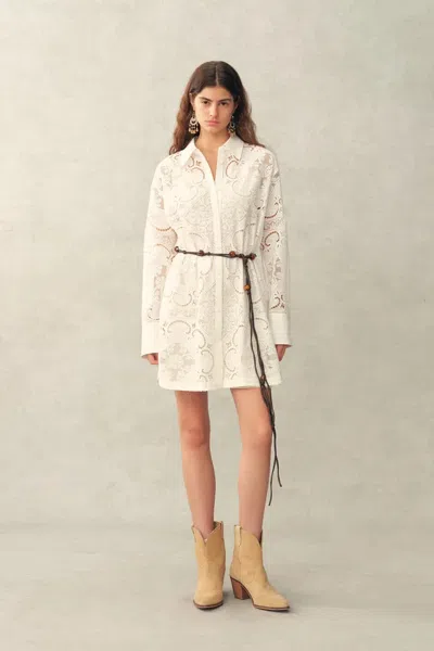 Fabrique Eliana Cutwork Embroidery Longline Cover Up Long Sleeves Shirt In 100% Cotton With Lace In White