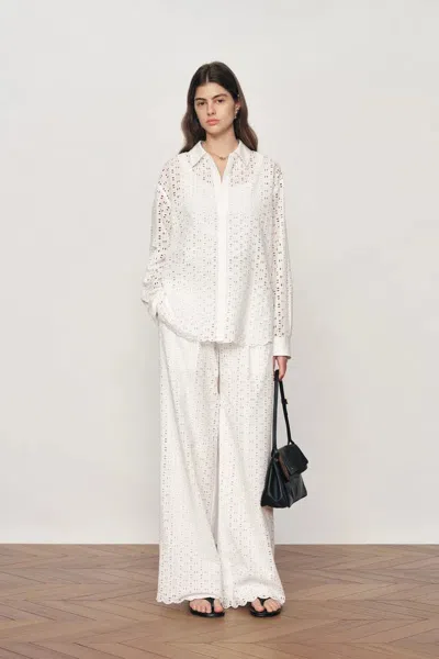 Fabrique Eliana Cutwork Embroidery Point Collar Resort Wear Shirt And Pants Set In Cotton In Neutral
