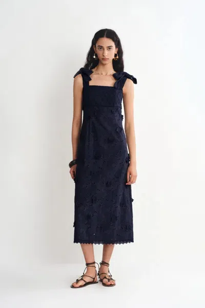 Fabrique Elise 3d Flora Applique Dress In Eyelet Embroidered Cotton In Blue