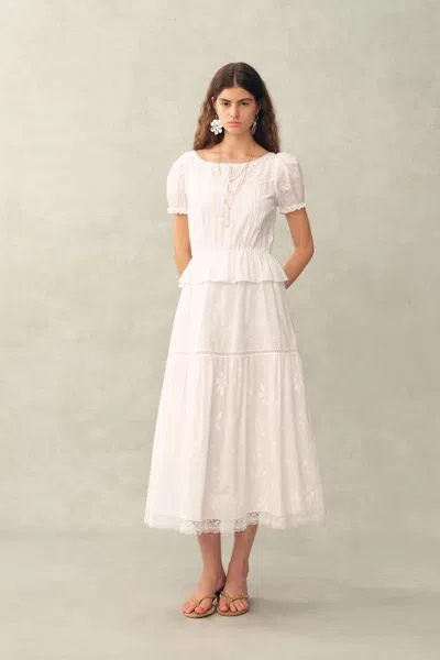 Fabrique Elise Lace Embroidered Puff Sleeve Waist Cinched Dress In Cotton Jacquard In White