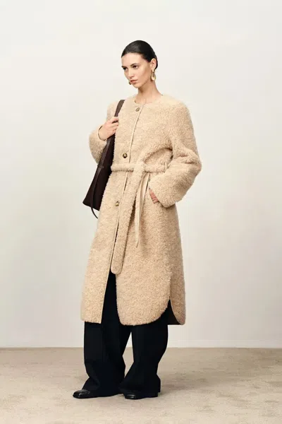 Fabrique Elise Long Faux Sherpa Fleece Coat In Merino Wool Teddy In Yellow