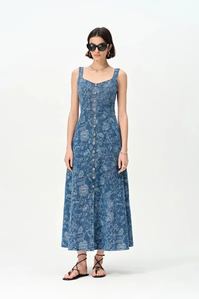 Fabrique Ella Flora Laserwork Strap Maxi Dress In Cotton Denim In Blue