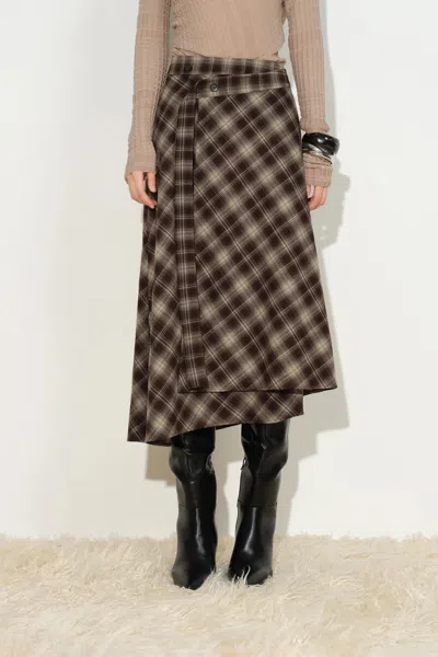 Fabrique Elle Bias Cut Plaid Wrap Skirt In Lightweight Flannel In Brown