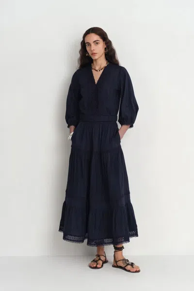 Fabrique Elli Embroidery Puff Sleeve Blouse Top And Maxi Skirt Matching Set In Cotton In Blue