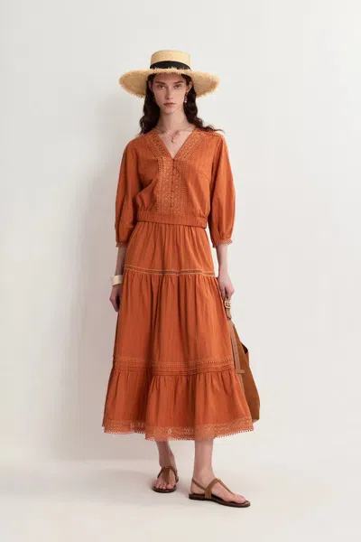 Fabrique Elli Embroidery Puff Sleeve Blouse Top And Maxi Skirt Matching Set In Cotton In Orange