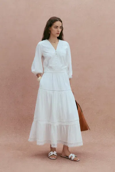 Fabrique Elli Embroidery Puff Sleeve Blouse Top And Maxi Skirt Matching Set In Cotton In White