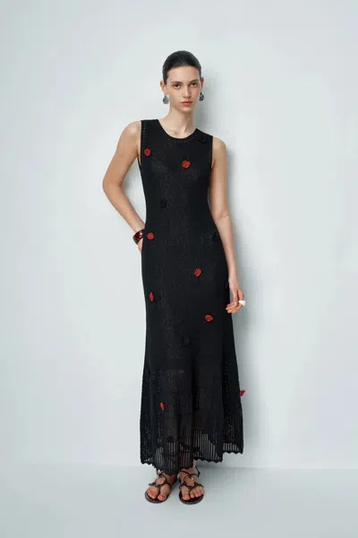Fabrique Ellie Black Sleeveless Floral Crochet Dress In Cotton Linen Knit