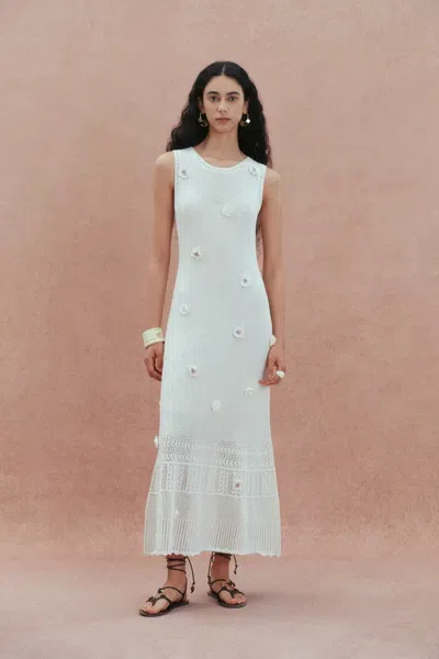 Fabrique Ellie White  Sleeveless Floral Crochet Dress In Cotton Linen Knit
