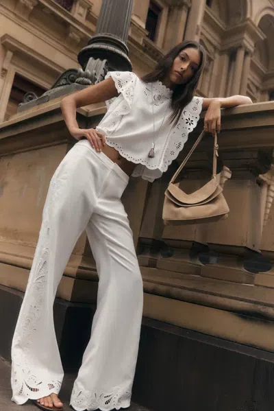Fabrique Elodie French Cutwork Embroidery Flare Pants In Cotton & Linen In White