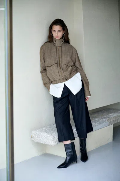Fabrique Elodie Houndstooth Bomber Jacket In Light Wool-blend In Earth Tone