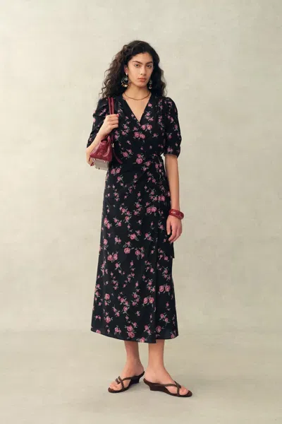 Fabrique Elodie Rose Dress In Stretchy Silk Crepe De Chine In Black