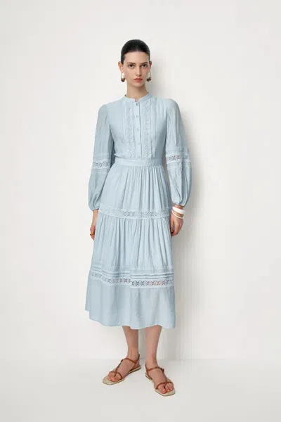 Fabrique Eloise Cutwork Embroidery Long Puff Sleeve Dress In Fine-pleated Viscose Blend In Blue
