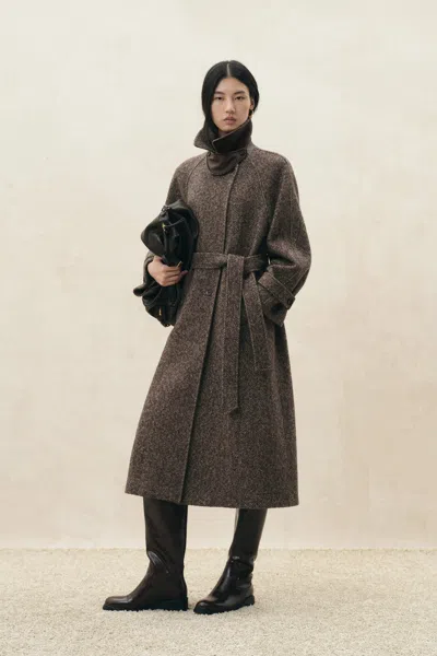 Fabrique Elowen Flecked Herringbone Belted Long Coat In Wool Blend In Brown