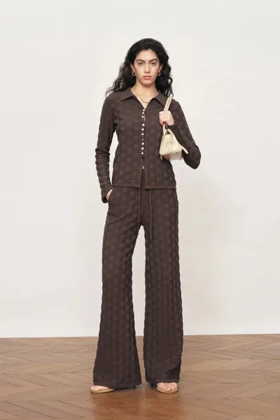 Fabrique Elowen Plaid Textured Cardigan And Pants In Cotton Blend Knit In Brown