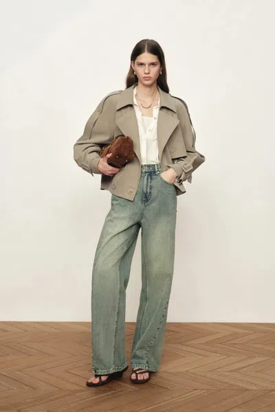Fabrique Elva Large Lapel Pleated Hem Short Trench Coat In Lightweight Blend In Green